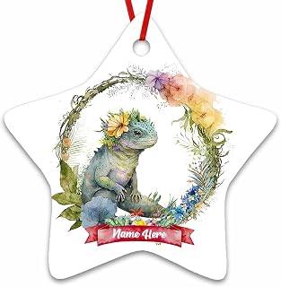 Dinoz Merry Christmas Iguana Animal Ornament Tree, Watercolor Baby Animal Lovers Custom Name Tree Hanging Decorations Two Sides Print Ceramic Star Ornament Keepsake Gifts for Home