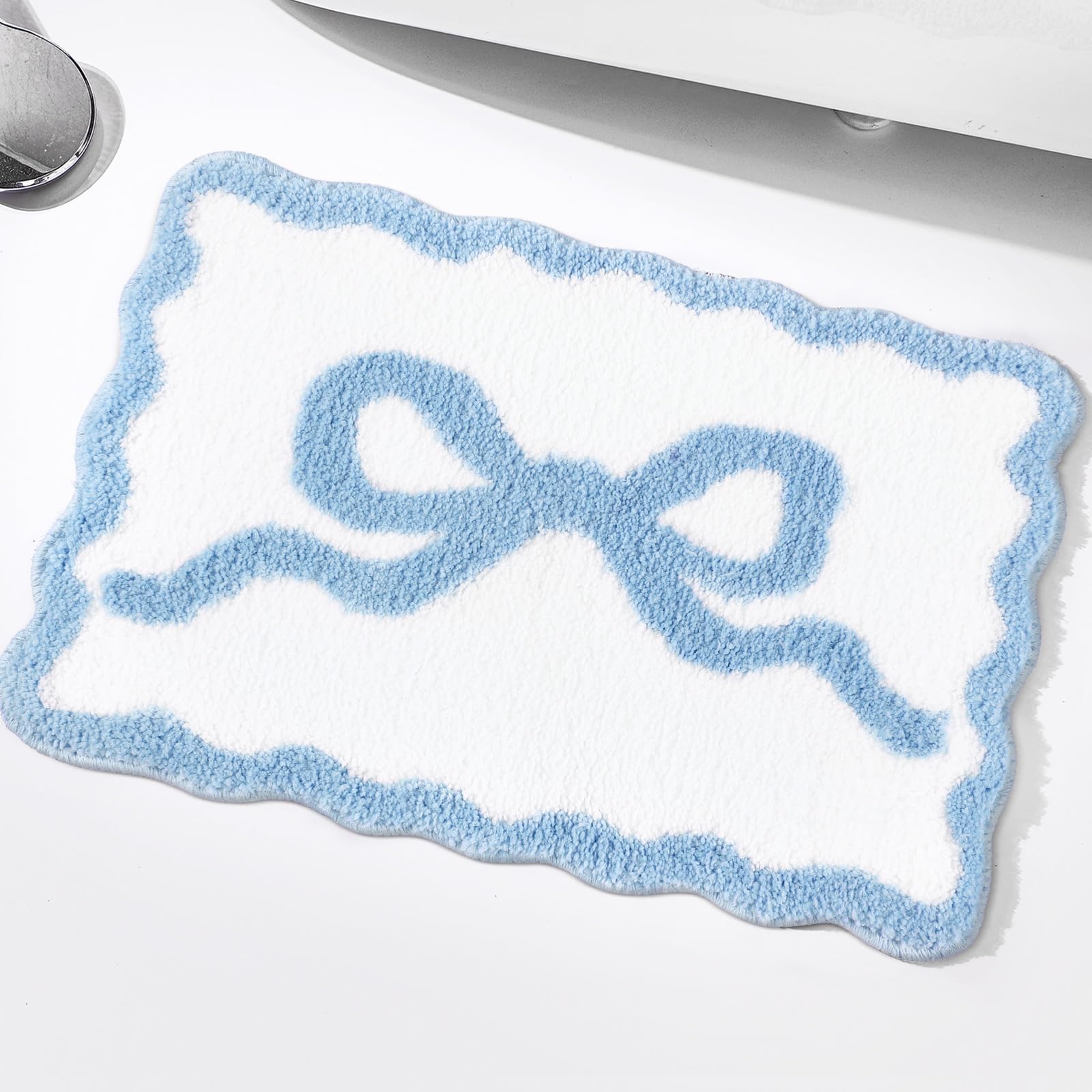 Tinideya Blue Scalloped Bow Bathroom Mat 16" x 24" Non Slip Coquette Bow Rug Cute Aesthetic Scallop Carpet Preppy Room Decor Microfiber Absorbent Bath Rug for Bathroom Bathtub Shower Bedroom
