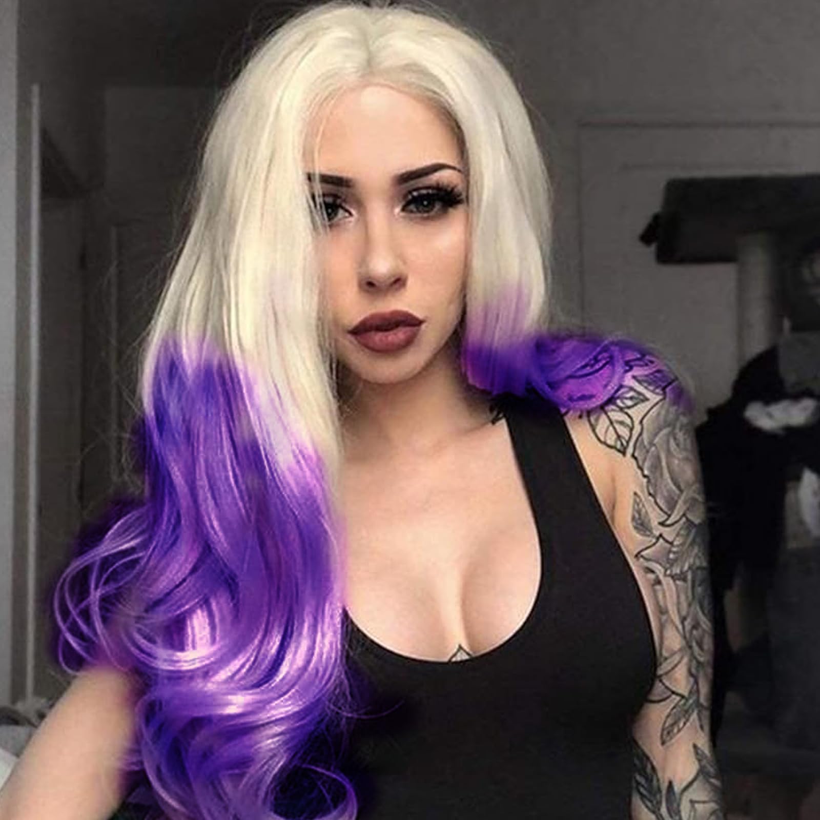Blonde Purple Ombre Wigs for Women Drag Body Wave Blonde Wigs Real Hair Purple Long Glueless Heat Resistant Wig Lavender Lace Front Synthetic Lace Front Wig Drag Daily 24Inch