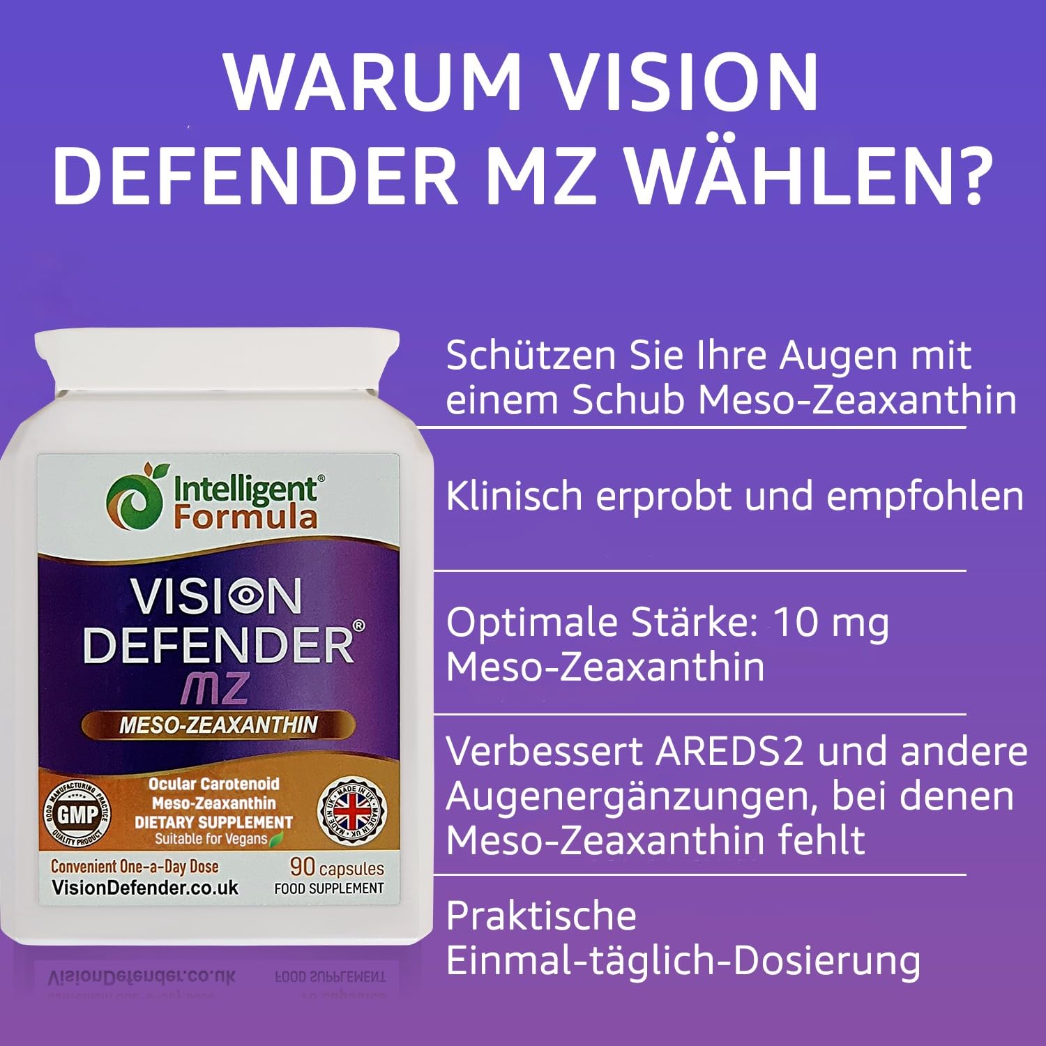Vision Defender MZ Augengesundheit-Nahrungsergänzung – 10mg Meso-Zeaxanthin aus Tagetes-Extrakt – Antioxidatives Carotinoid für Sehunterstützung und Netzhauternährung – 90 Vegane Kapseln