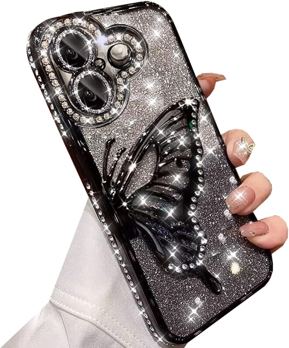 for iPhone 16 Glitter 3D Butterfly Case,Cute Luxury Bling Sparkly Diamond Rhinestones Liquid Flowing Case with Camera Lens Protector TPU Bumper Women Girls Phone Case for iPhone 16 6.1",Black - Image 6