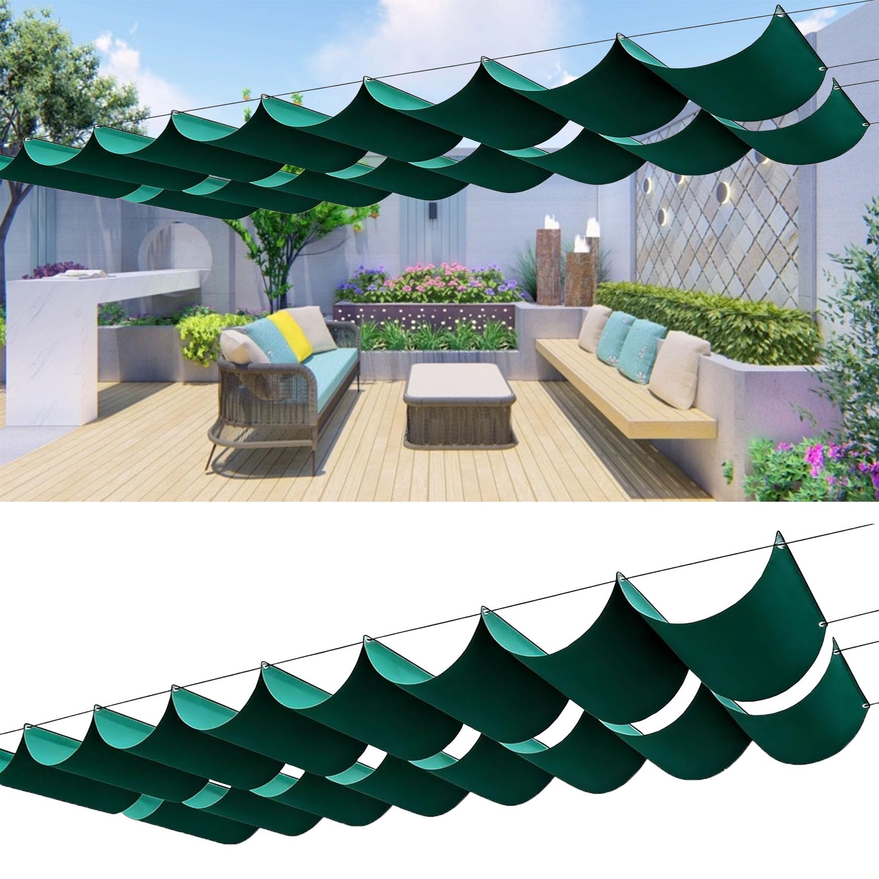 Voile d'ombrage rétractable 90x850 cm vert foncé pour pergola et grand balcon