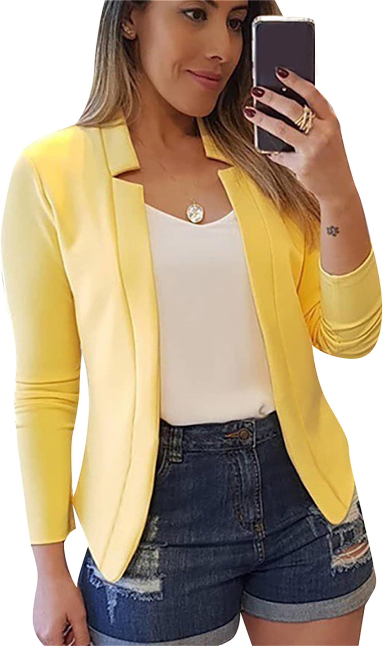 OMZIN Women's Blazer with Notched Lapel Front Open Cardigan Work Office Blazer Jacket