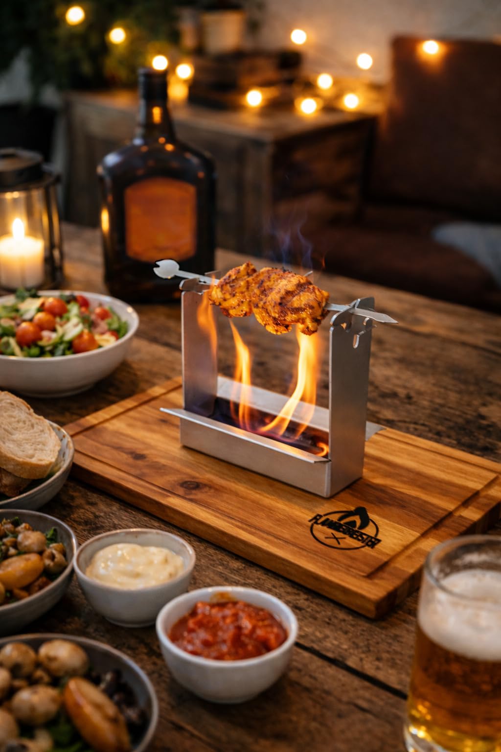 Flambiergrill Tischgrill mit Edelstahlwanne & Akazienholzbrett – Indoor & Outdoor Grill mit Rum – Made in Germany – Geschenkidee für Grillfans, Balkon & Kamin, BBQ, Minigrill
