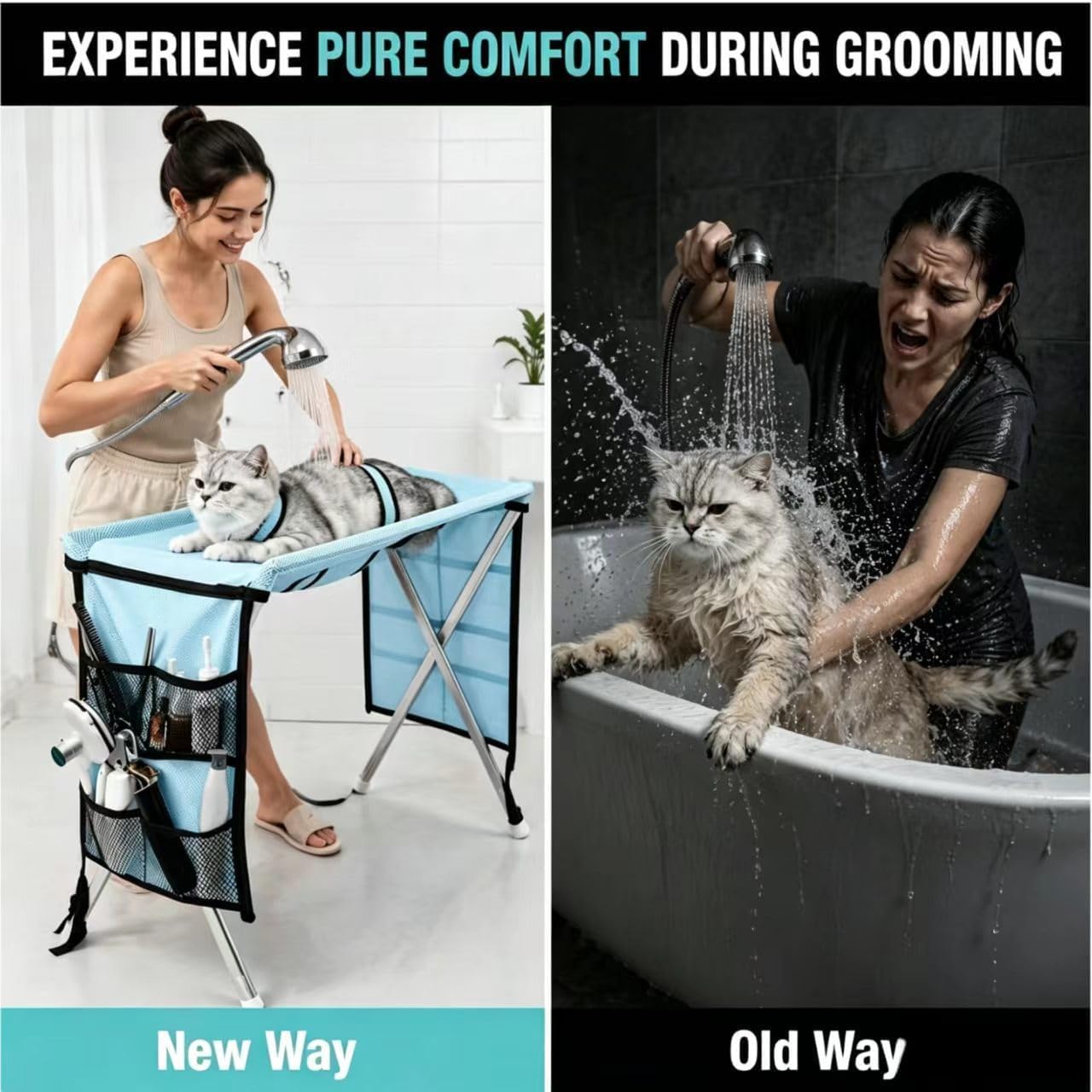 Foldable Pet Bathing Stand, 2-in-1 Dog Bath Holder with Breathable Mesh Sling and Adjustable Restraint Straps, Portable Grooming Bed for Small Dogs and Cats Washing, Nail Trimming，Black