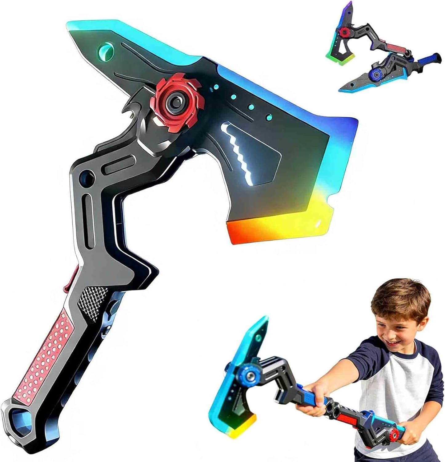 Dual Axe Blade with Mist Spray-One Button Switching, with 7Color Change LED Light-up Blades, Battle Axe Transforming Science Fiction Toy with Vibration Sound Effect (2-Tone)