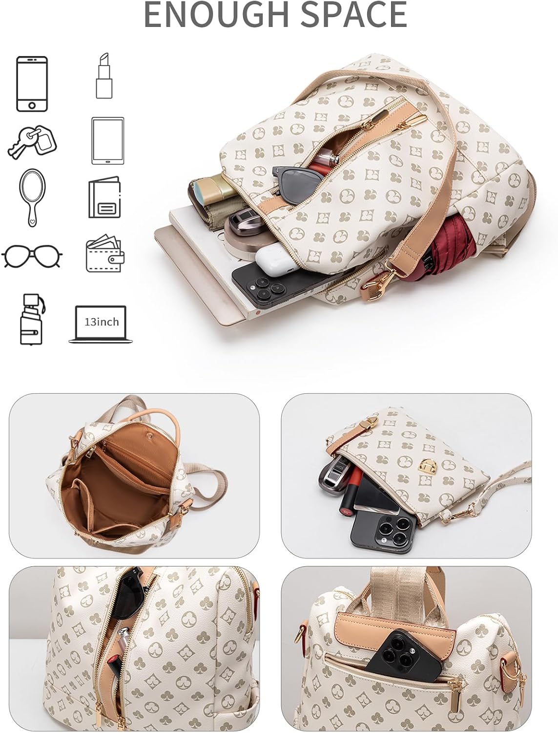 Women's Fashion Casual Backpack Purse, Detachable Strap, 3-in-1 Backpack/Crossbody/Clutch, Large Capacity, Ideal for Daily Use & Travel (White)