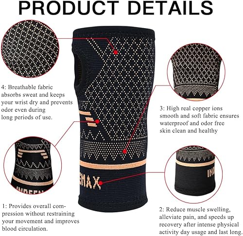 Miniatura 3 de INDEEMAX Manga de compresión de muñeca de cobre, 1 par, cómodo soporte de mano para artritis, tendinitis, esguinces, entrenamiento, túnel carpiano,