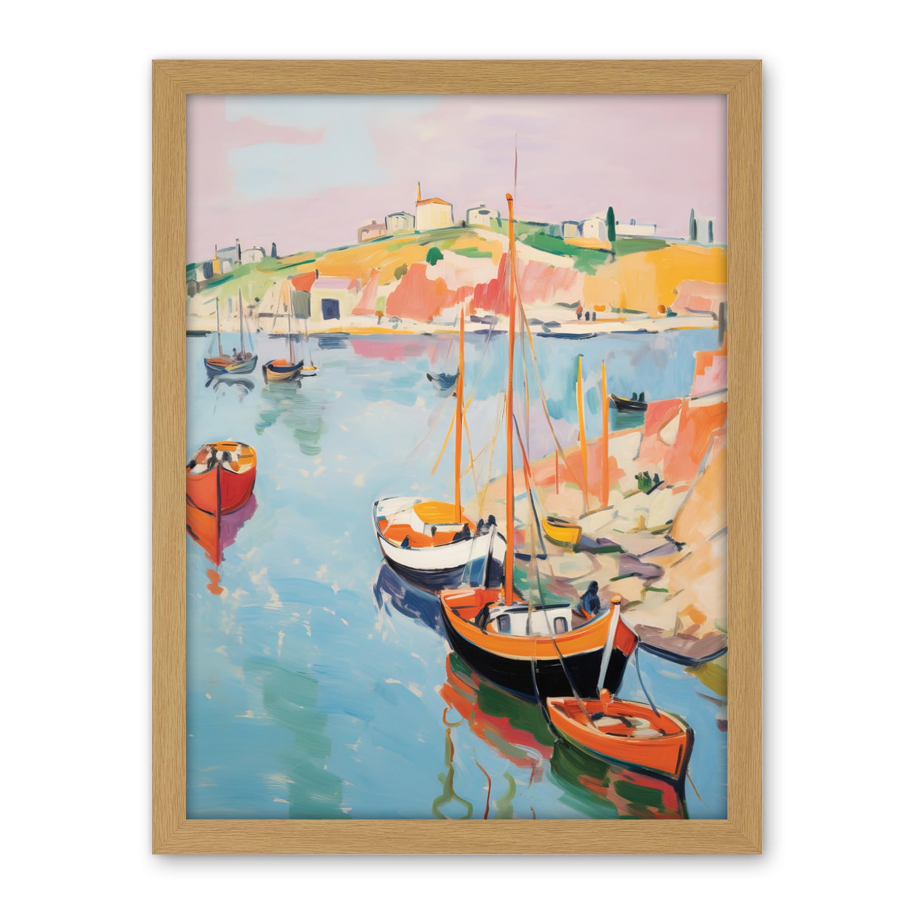 Artery8 Boats in Harbour Fishing Village Coastal Landscape Colourful Abstract Watercolour Painting Artwork Framed Wall Art Print 18X24 Inch