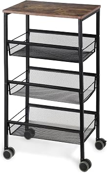 LIANTRAL 4 Tier Kitchen Storage Cart on Wheels, Metal Rolling Utility Cart | Stale and Waterproof, Wooden Top, 3 Metal Mesh, Easy to Install