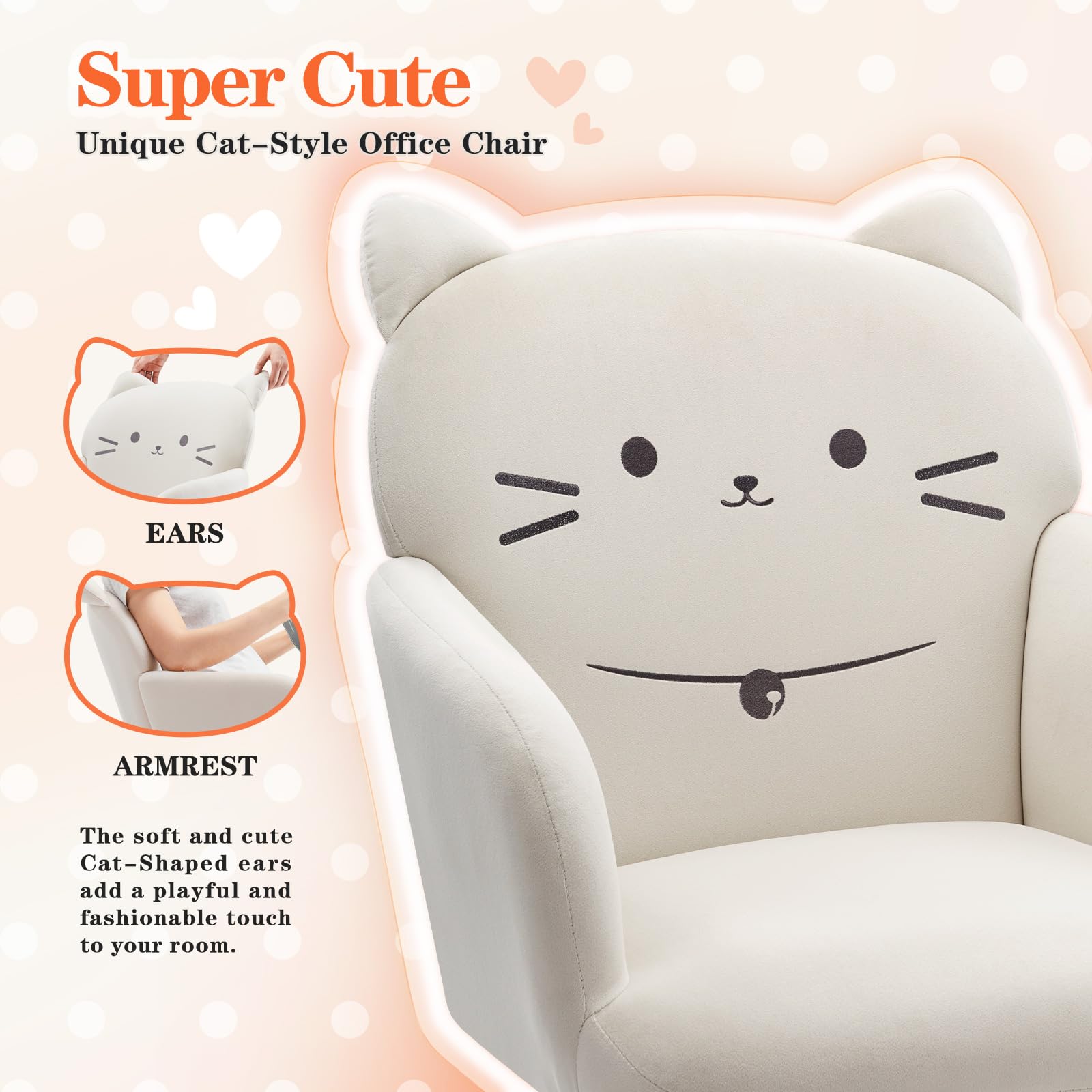 IWMH Home Office Chair Wide Seat Desk Chair Cute Velvet Swivel Vanity Chairs Cat Themed Computer Task Chairs with Wheels Upholstered Modern Accent Armchair for Living Room Bedroom Study Makeup: Cream