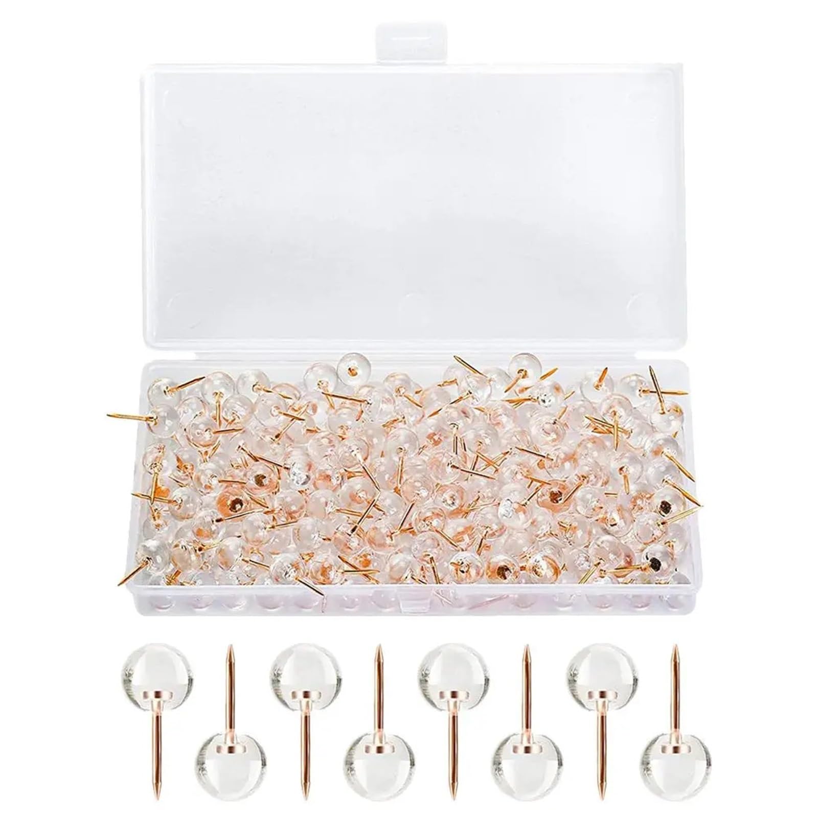 100 chinchetas transparentes de oro rosa, accesorios de oficina, marcadores de mapas, uso diario, forma de bola, para tablón de anuncios, tablero de corcho y mapa