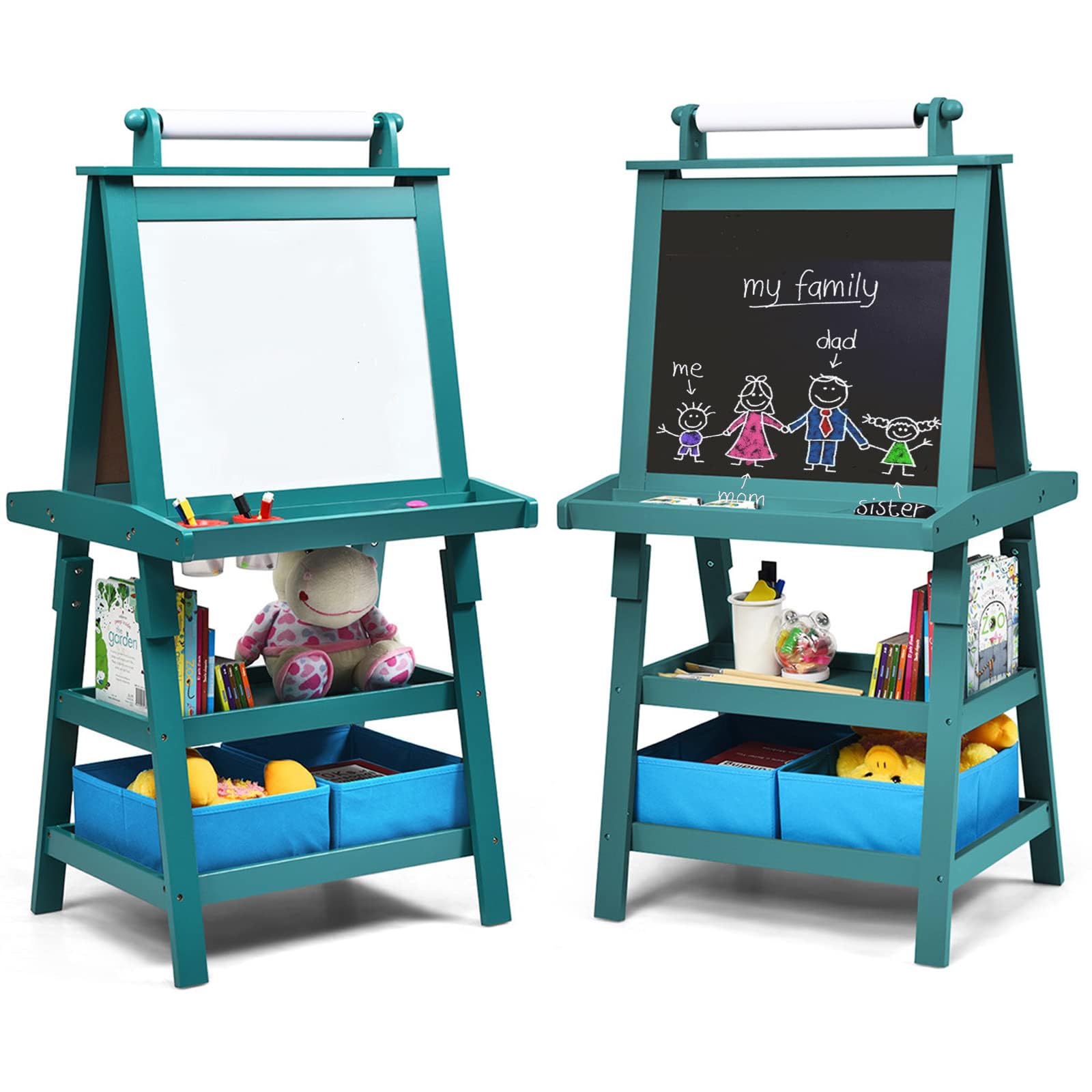 DREAMADE doppelseitige Kinder Staffelei aus Holz, Kinderstaffelei mit Ablage, Kindertafel mit Papierrolle Whiteboard und Kreidetafel, inkl. 2 Stoffboxen (Grün)