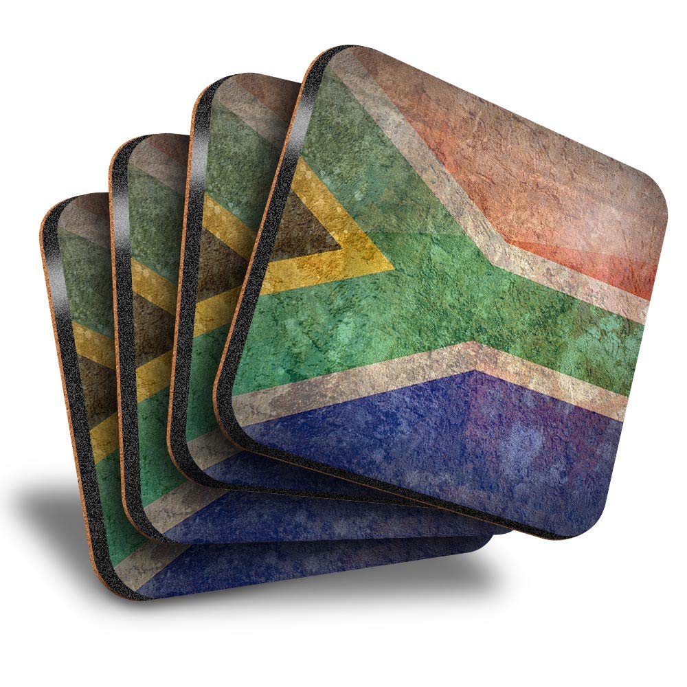 Destination Vinyl Ltd Multicolor Great Coasters (Set Of 4) Square - Rustic South Africa Flag African Vintage Drink Glossy Coasters/Tabletop Protection For Any Table Type #24227