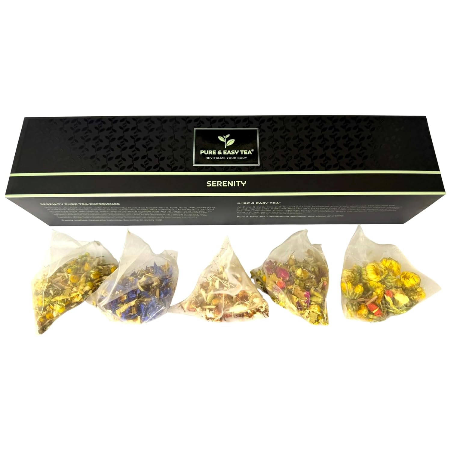 Pure And Easy Tea, Serenity Herbal Tea Sampler, 15-Count Whole-Leaf Caffeine-Free Variety, Designed to Restore Calm & Balance, BPA-Free Plant-Based Tea Bags, Premium Wellness Gift Box (49.5g)