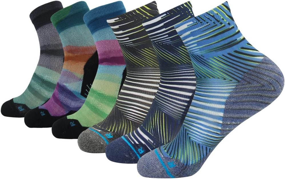 HUSO Mens Womens Quick Dry Striped Print Running Hiking Athletic Quarter Ankle Socks 3, 4, 6 Pairs