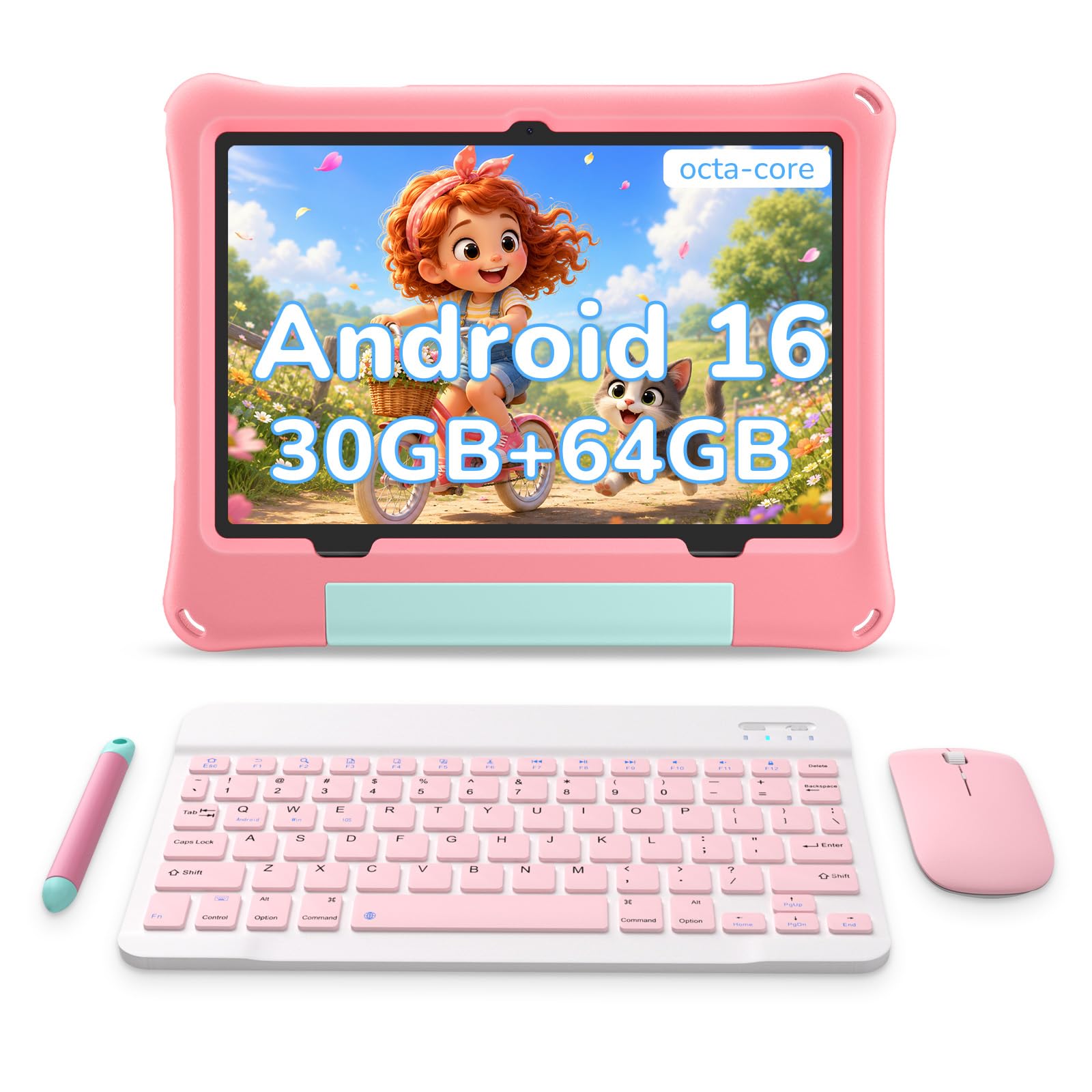 Kids Tablet, Android 16 Tablet for Kids 10 inch with Keyboard, Mouse, EVA Case Pen (Pink) 30GB RAM 64GB ROM 1TB TF Card Expandable for Children, Parental Control, Dual Camera, WiFi, Gift