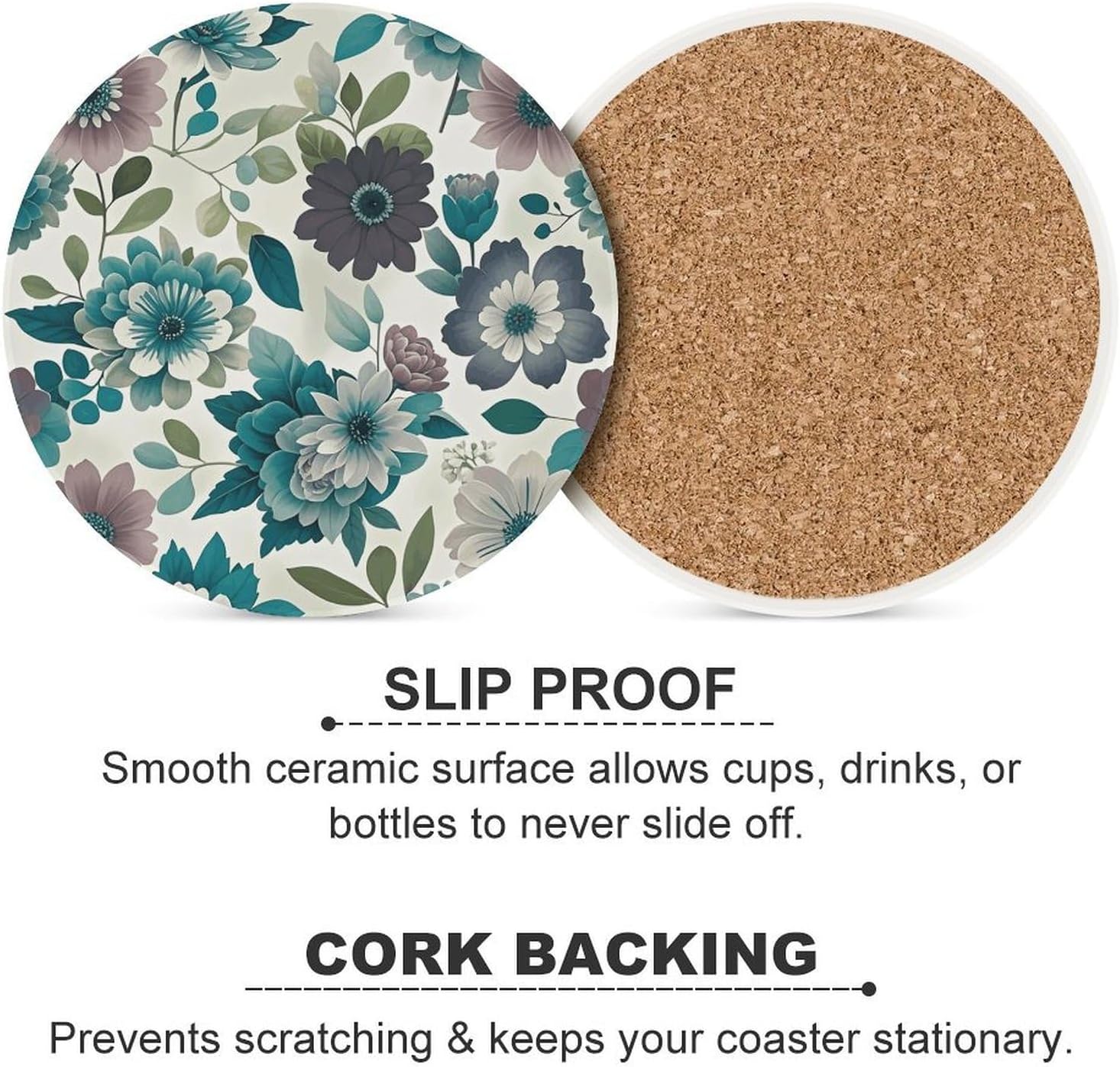 Teal Grey and White Floral Coaster with Cork Base Drink Coasters for Coffee Table Decor Modern Cup Coasters with Non-Slip & Heat-Resistant Cute Ceramic Table Coaster for Home Dining