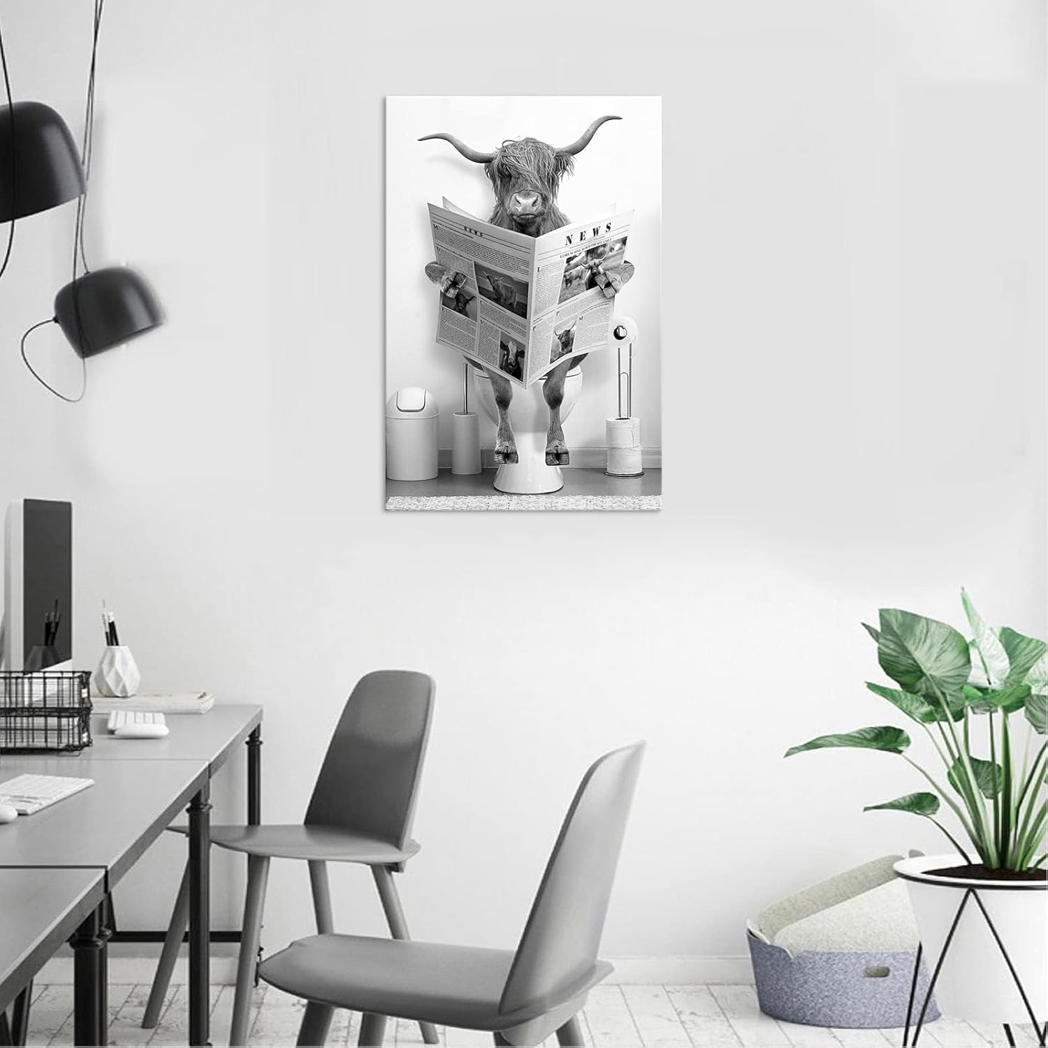 tigeridge Funny Highland Cow Bathroom Canvas Wall Art Black and White Fun Picture Farmhouse Bathroom Wall Decoration Cow Sitting on Toilet Reading Newspaper Artwork Ready to Hang 16" x 24"