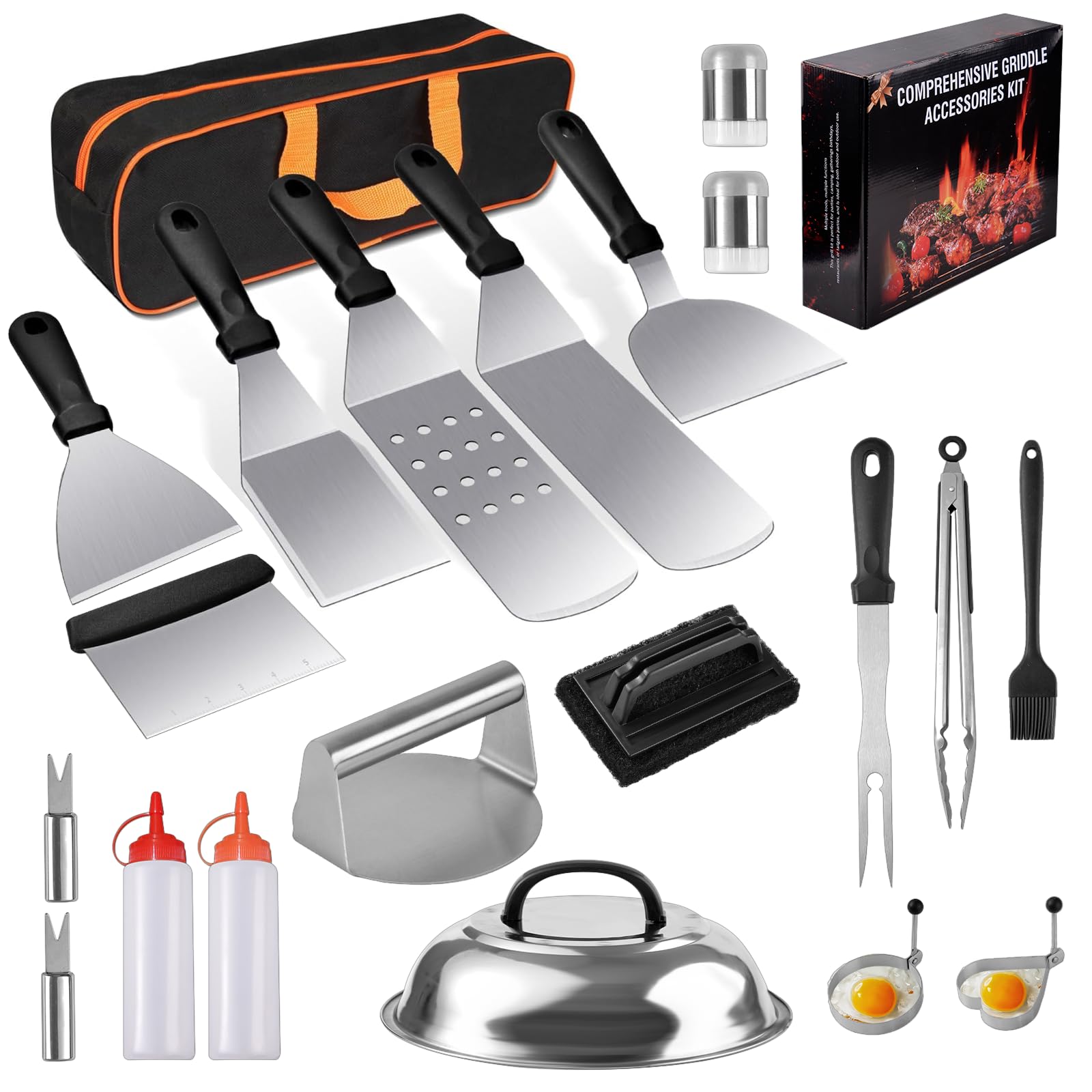 22PCS Griddle Accessories for Blackstone, Flat Top Grill Accessories for Camp Chef, Griddle Spatula Set with Metal Spatula, Enlarged Spatulas, Basting