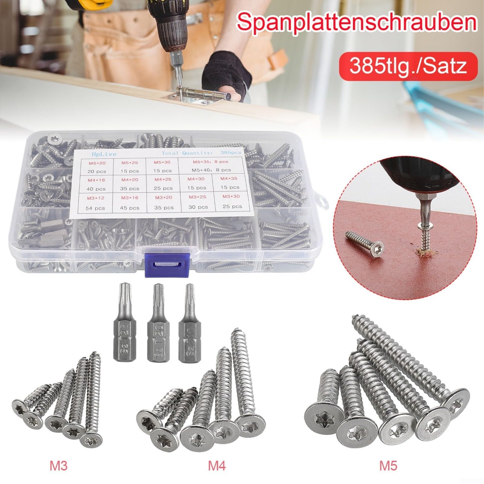 Kit di viti autofilettanti in acciaio inox per torx, 385 pezzi, con punte | Acciaio inossidabile 304, per testa svasata torx, nessuna pre-foratura necessaria, scatola organizzata per metallo, legno