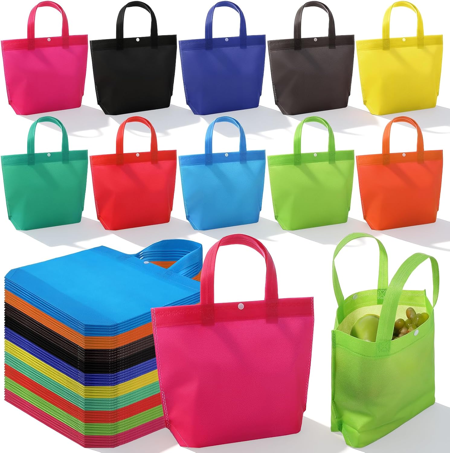 50 Pcs Non Woven Fabric Reusable Shopping Bags, Multi Color Foldable Tote Bags with Handles and Buttons for Grocery, Gift, Party Favors, Bulk 13x10x4 Inch - Image 7