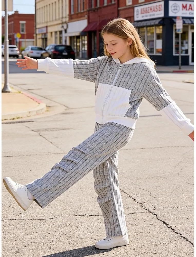 Sizes 7-14 Years Girls 2 Piece Outfit Crop Zip Hoodies & Loose-Fit Pants Treen Girls Fall Winter Clothing Set - Image 5