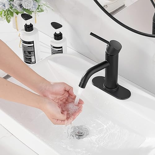 Miniatura 8 de Grifo de baño negro mate GGStudy de una sola manija de un agujero negro grifo de lavabo de baño a juego con desbordamiento grifo de baño Vantity
