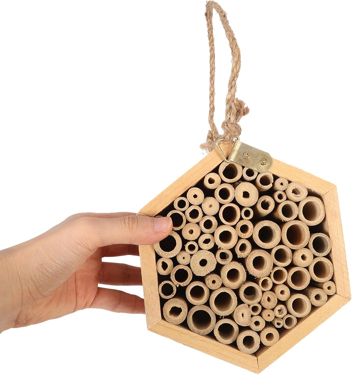 KALLORY Wooden Bee House with Hexagonal Insect Nest for Garden Outdoor Use, Natural Pollinator Habitat Beehive Box for Mason and Leaf-Cutting Bees