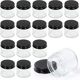 Keadic 15 Pcs 60ml/2oz Glass Jars with Lids Assortment Set, Mini Round Airtight Canning Sample Jars with Black Lids, Tiny Makeup Containers Empty Cosmetic Containers for Lotions Powders Liquid Creams