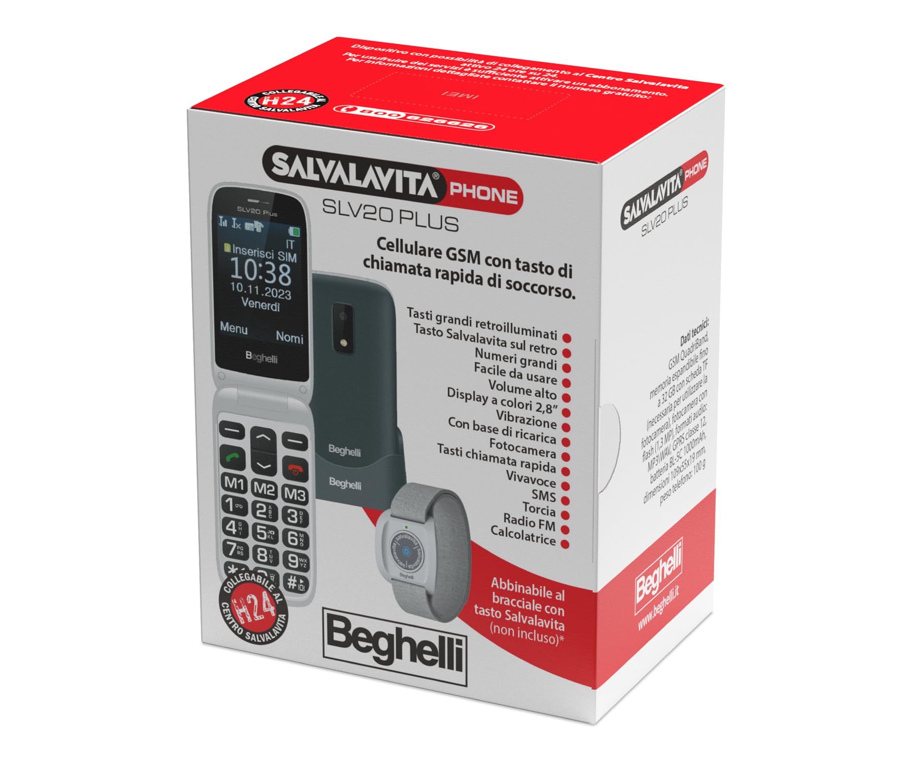 Beghelli - Telefono Anziani Salvalavita SLV20 Plus, Conchiglia gsm con Tasto SOS e Chiamata Rapida, Cellulare con Grandi Tasti, Volume Alto, Display 2.8", Torcia, Radio, Fotocamera - Colore: Nero