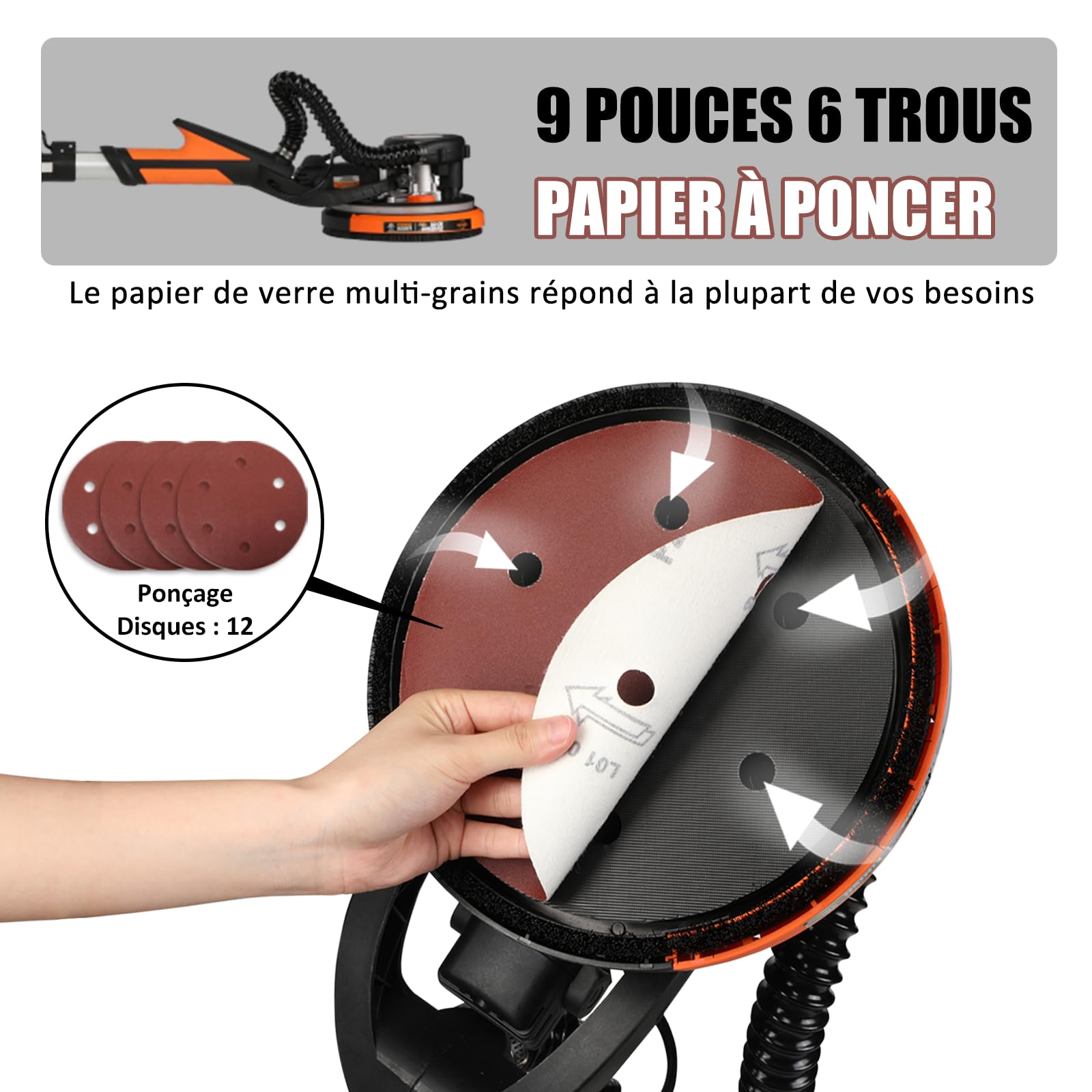 Ponceuse Girafe avec Système d'aspiration Automatique, 750W Professional Ponceuse Plaquiste, 7 vitesses(900-1800rpm),Ponceuse Murale Électrique Pliable, avec lumière LED