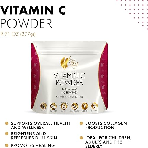 Miniatura 4 de Coco March, 1000 mg de vitamina C en polvo, para producción de colágeno y apoyo inmunológico, zinc, bromelina, quercetina, L-lisina, libre de