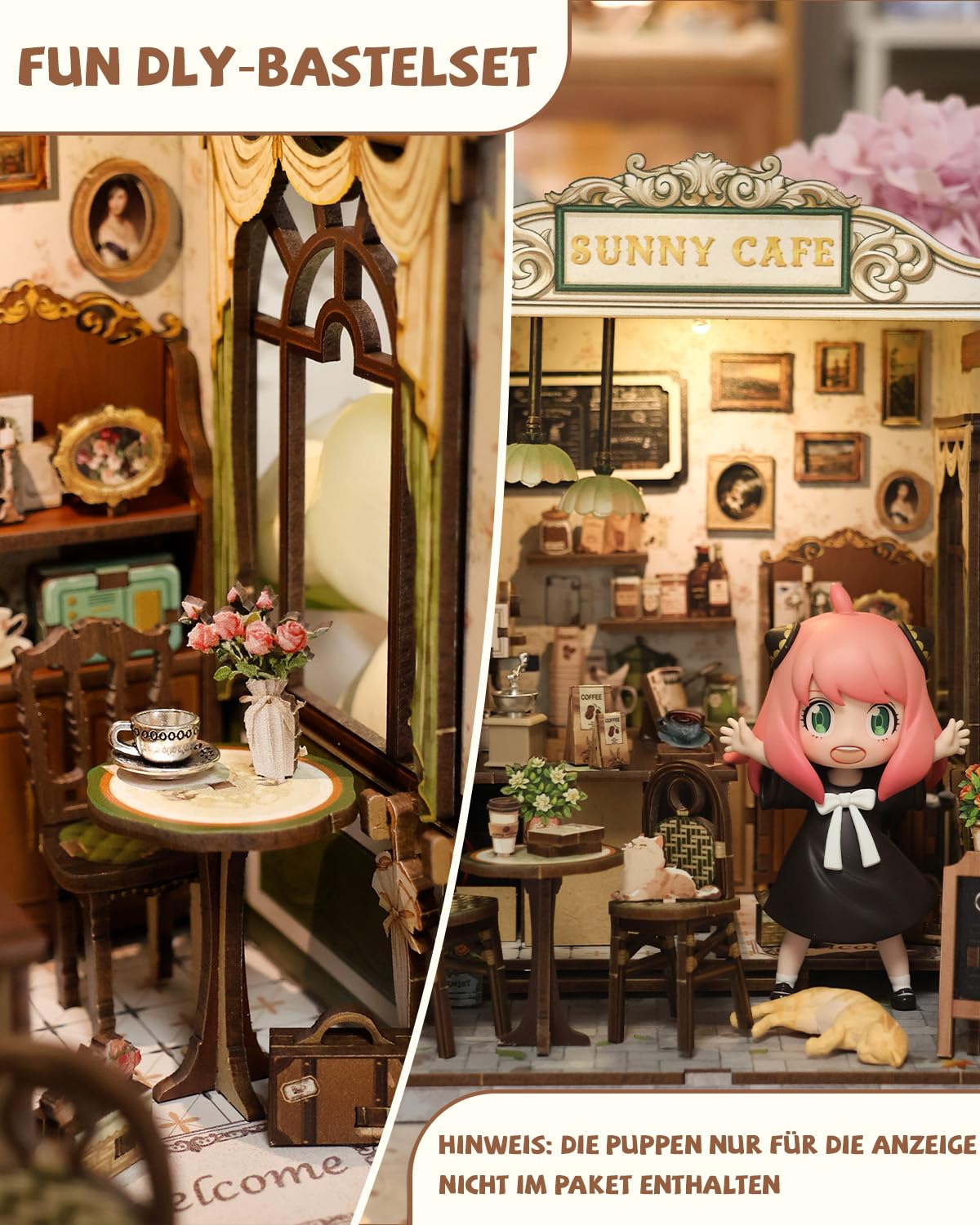 Cutefun Book Nook Kit - Kit Casa in Miniatura DIY per Adulti, Puzzle 3D in Legno Tiny House con Luci LED, Modello Caffè in Scala Decorazione per Libreria, Regalo per Donne e Appassionati di Puzzle