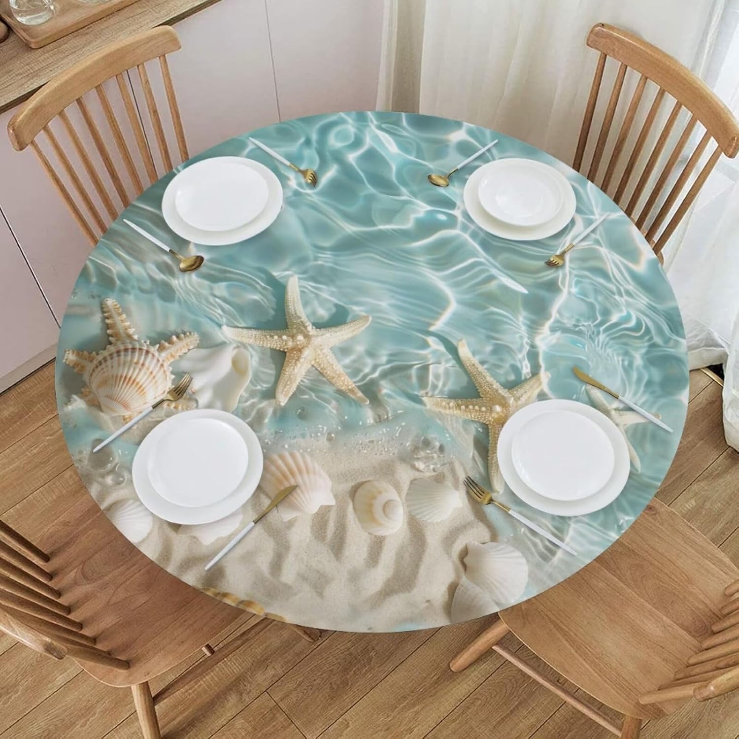 Round Table Cloth with Elastic Beach Starfish Round Table Cover Fitted Waterproof Dustproof Abrasion-Resistant Round Tablecloth 66 Inches Table Decoration for Party,Living Room