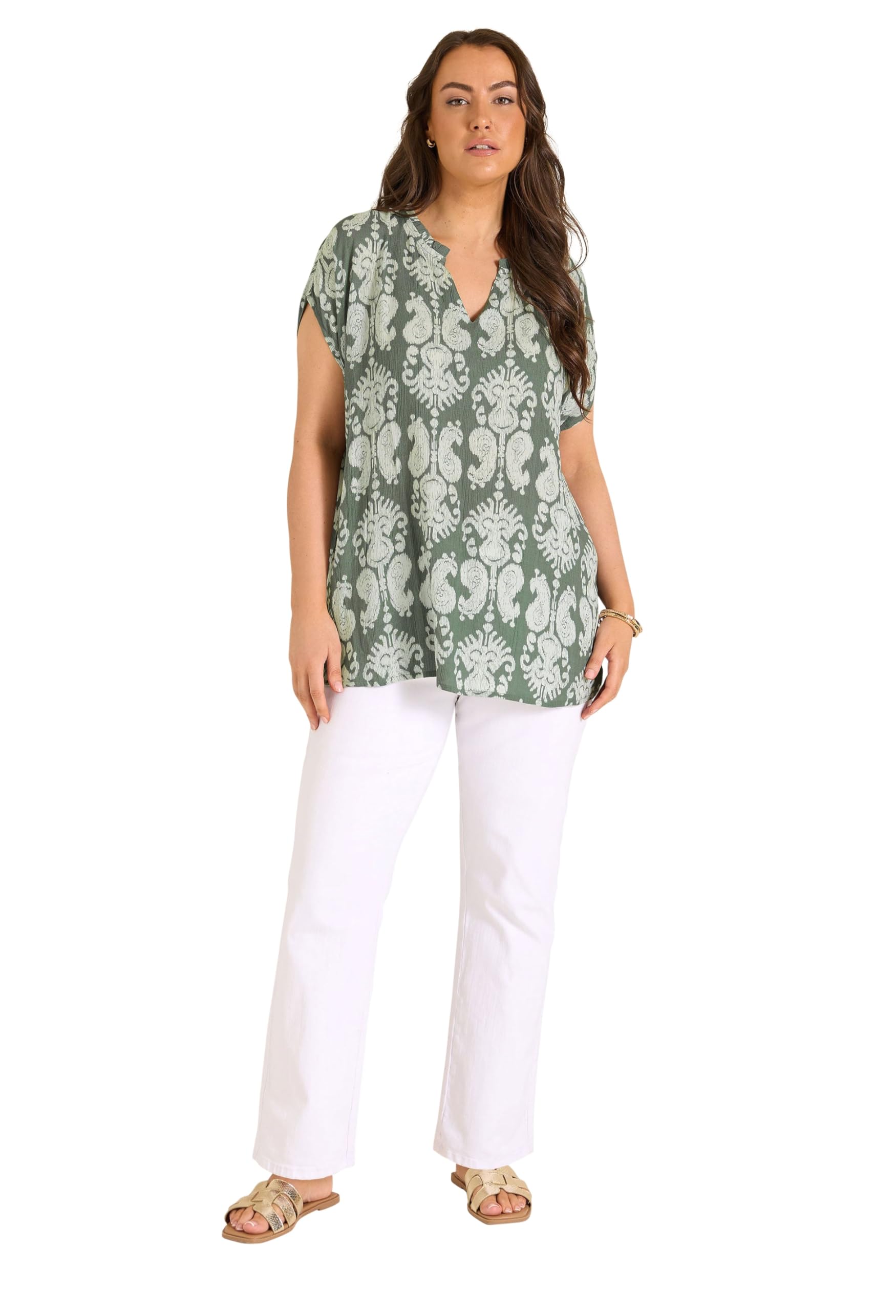 Evans Women's Green Curve Abstract Notch Neck Blouse - Plus Size Curve
