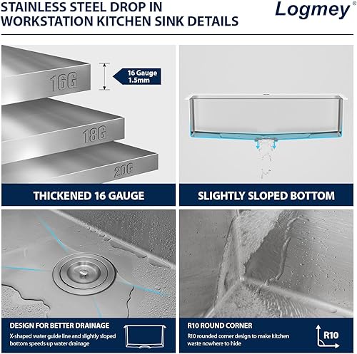 Vista 122 de Logmey Fregadero de cocina negro de 33 x 22 pulgadas, estación de trabajo SUS304, calibre 16, acero inoxidable, cuenco individual, montaje superior