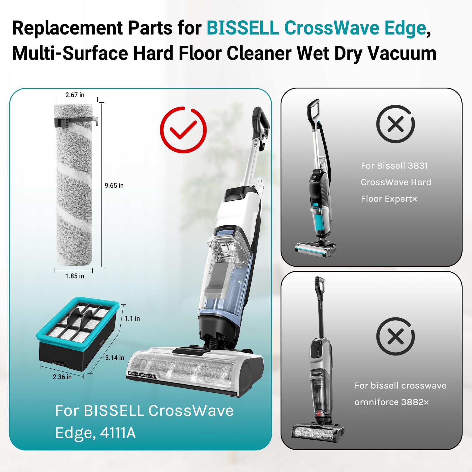 4111A Ersatzbürsten und Filter für Bissell CrossWave Edge, Hartbodenreiniger für mehrere Oberflächen, Nass- und Trockensauger mit Zero-Gap Edge-Technologie, 3er-Pack Bürsten und 3er-Pack Filter