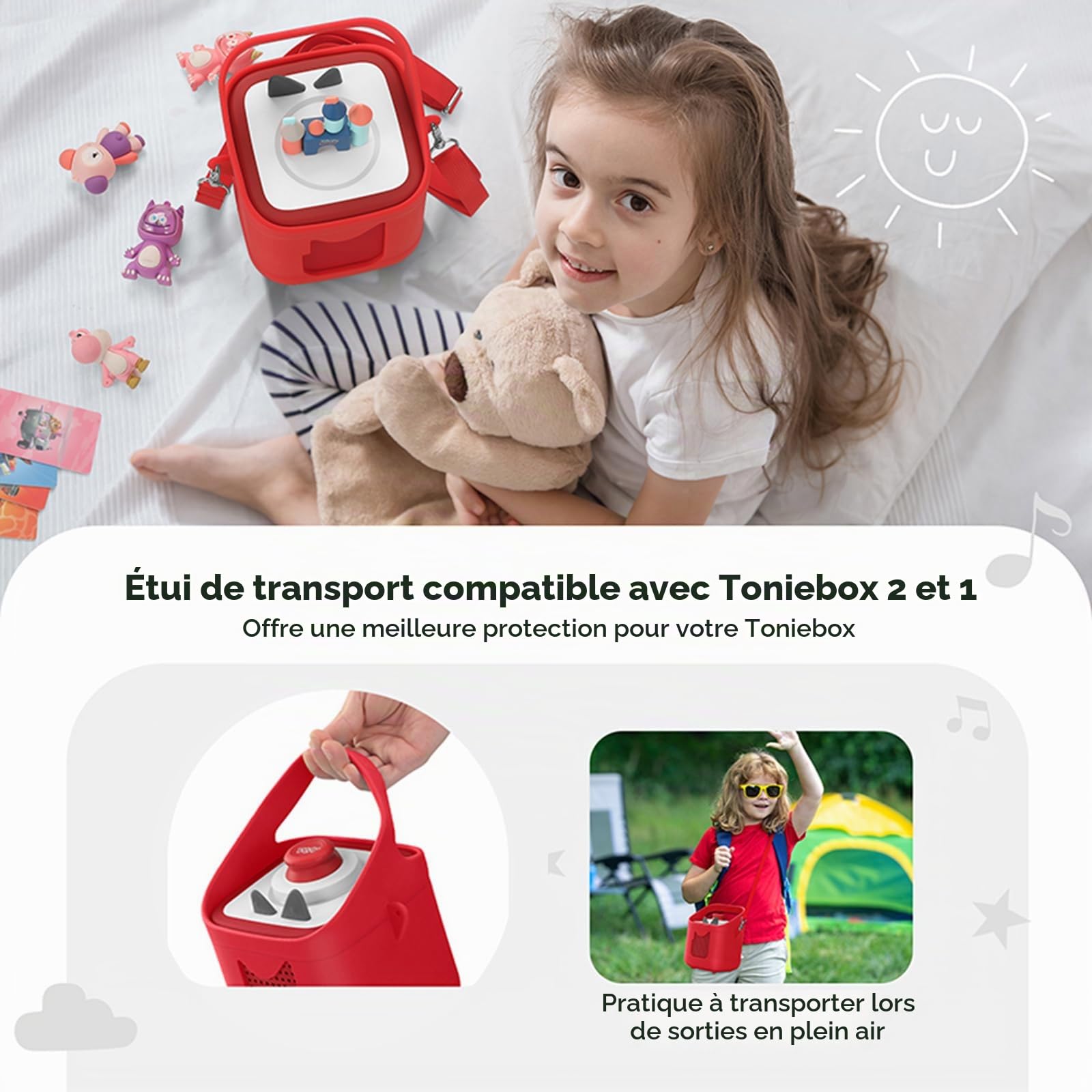 Housse de protection en silicone compatible avec Toniebox 2 & 1, lecteur audio, housse anti-poussière avec poignée de transport et bandoulière (rouge)
