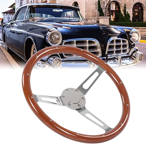 Miniatura 3 de Volante clásico, volante universal de madera de 15 pulgadas, agarre de nogal con 3 radios remachados de 6 agujeros, modificación universal para