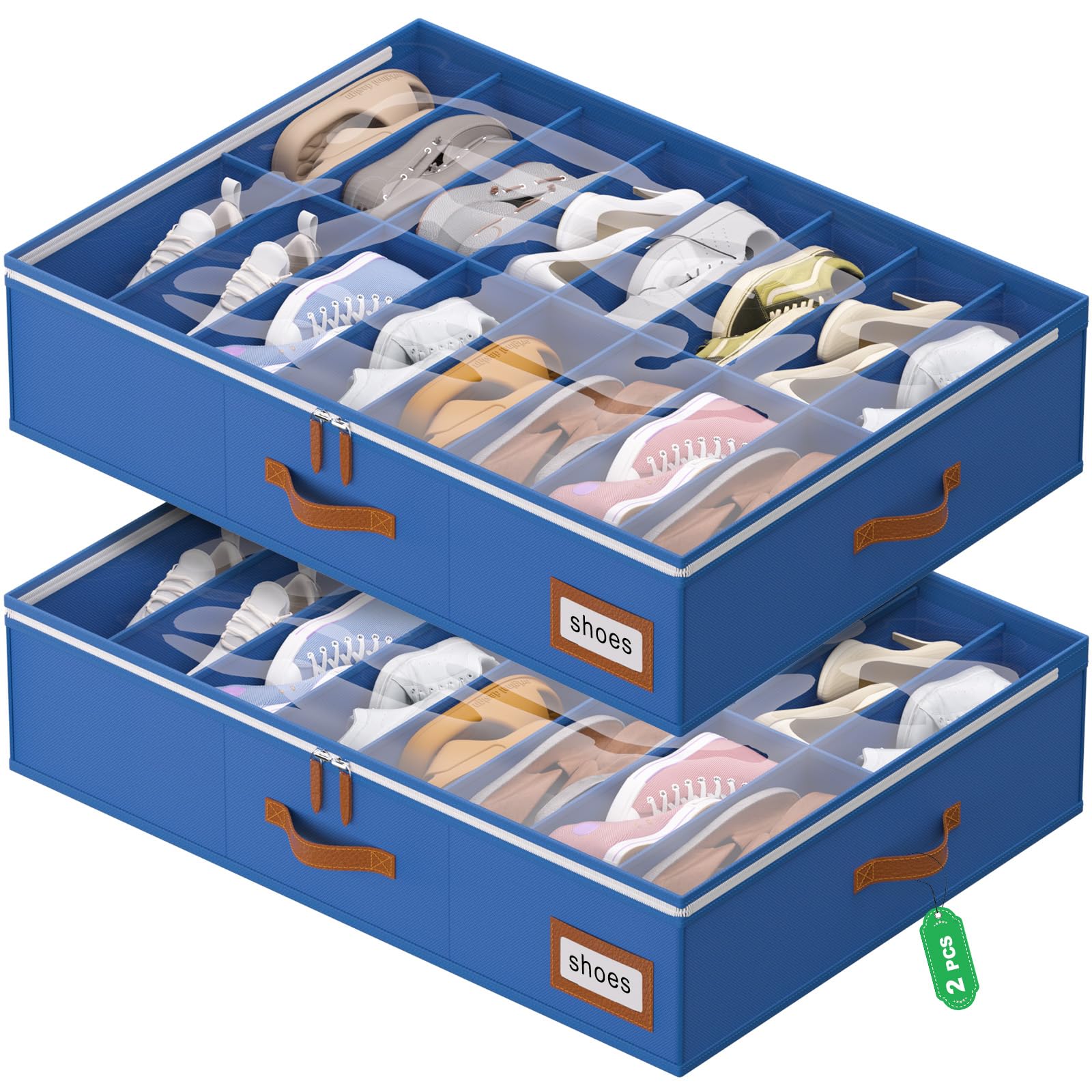 homyfort Shoe Organizer Under Bed, Fits 32 Pairs, Under bed Shoe Storage Boxes with Study Handles and Clear Cover, zapateras organizer for shoes, set of 2