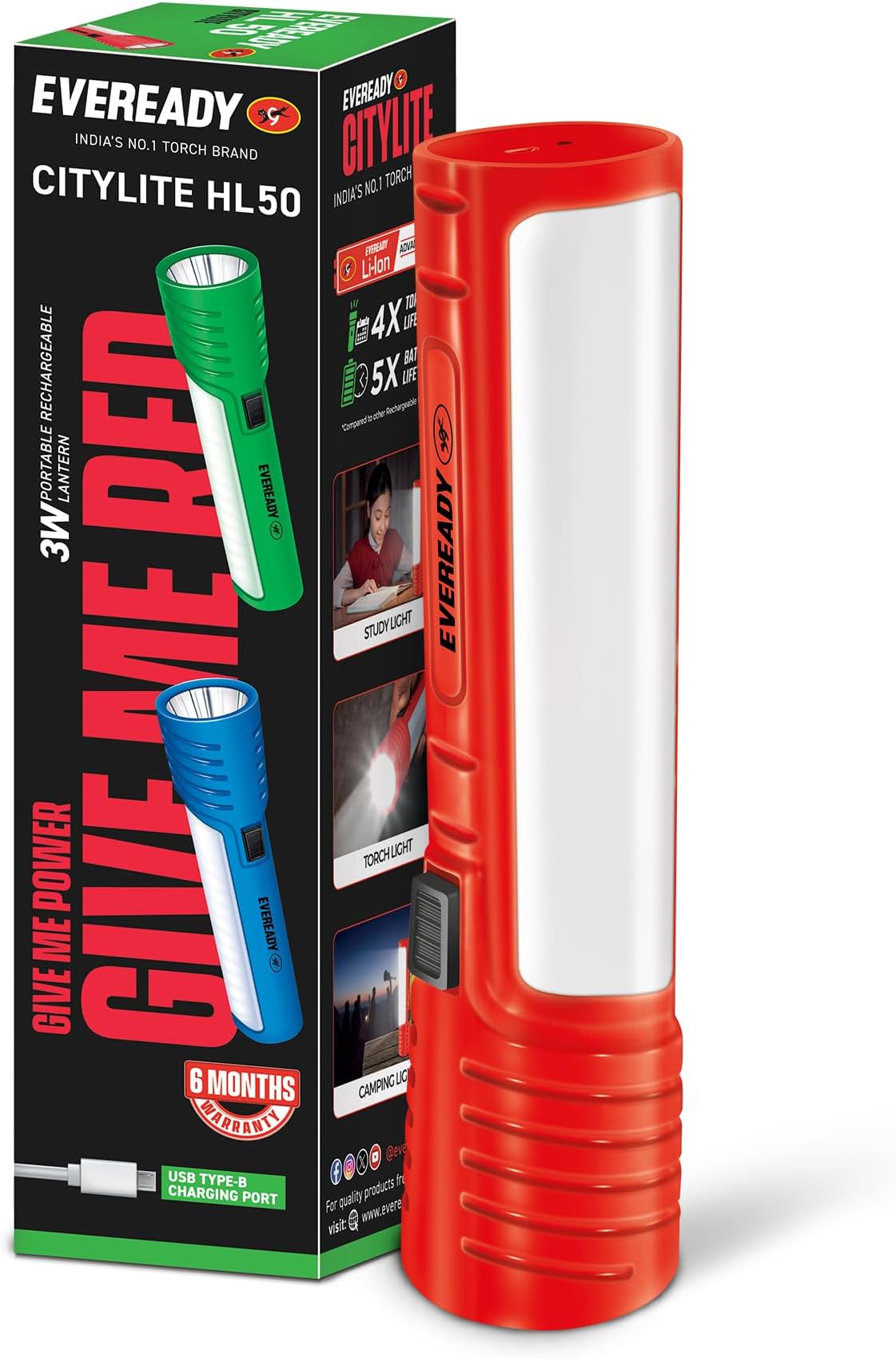 Eveready CITYLITE Multipurpose Emergency Rechargeable Lantern|HL50|2W Torch & 3W Lantern|Micro USB Fast Charging|Overcharge Protection|Powered by 3.7V Li-Ion Battery|Red Blue & Green, LED, 220 Lumen