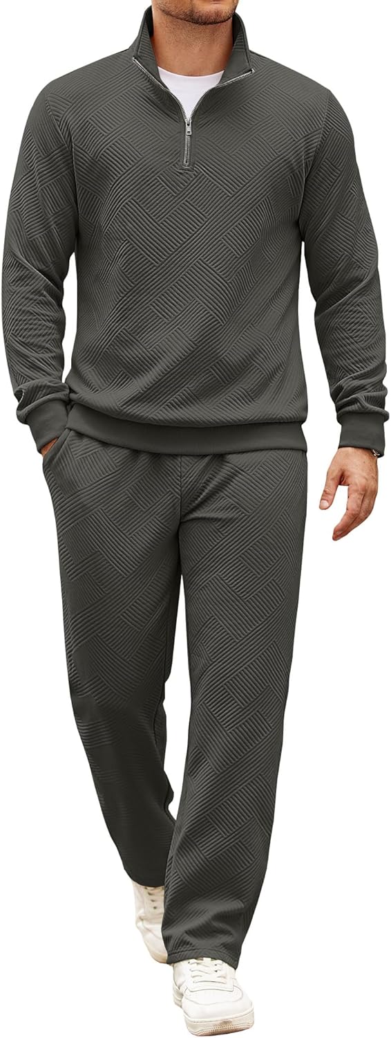 COOFANDY Men’s Tracksuit 2 Piece Set Geometric Texture Quarter Zip Pullover Sweatshirt Athletic Running Sweatsuits
