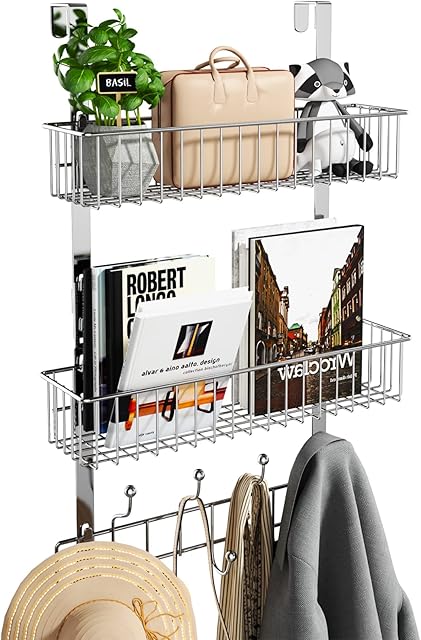 HapiRm Over Door Hook, Over Door Hanger with 9 Hooks and 2 Baskets, Rustproof Over The Door Hanger for Bathroom Kitchen Living Room, Load Bearing Over Door Hooks No Drilling, Silver