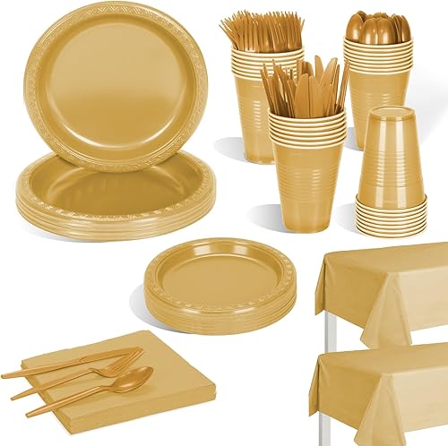 KesaPlan Juego de vajilla desechable dorada de 212 piezas, suministros para fiestas, incluye 30 platos de plástico dorados, tazas doradas de 12
