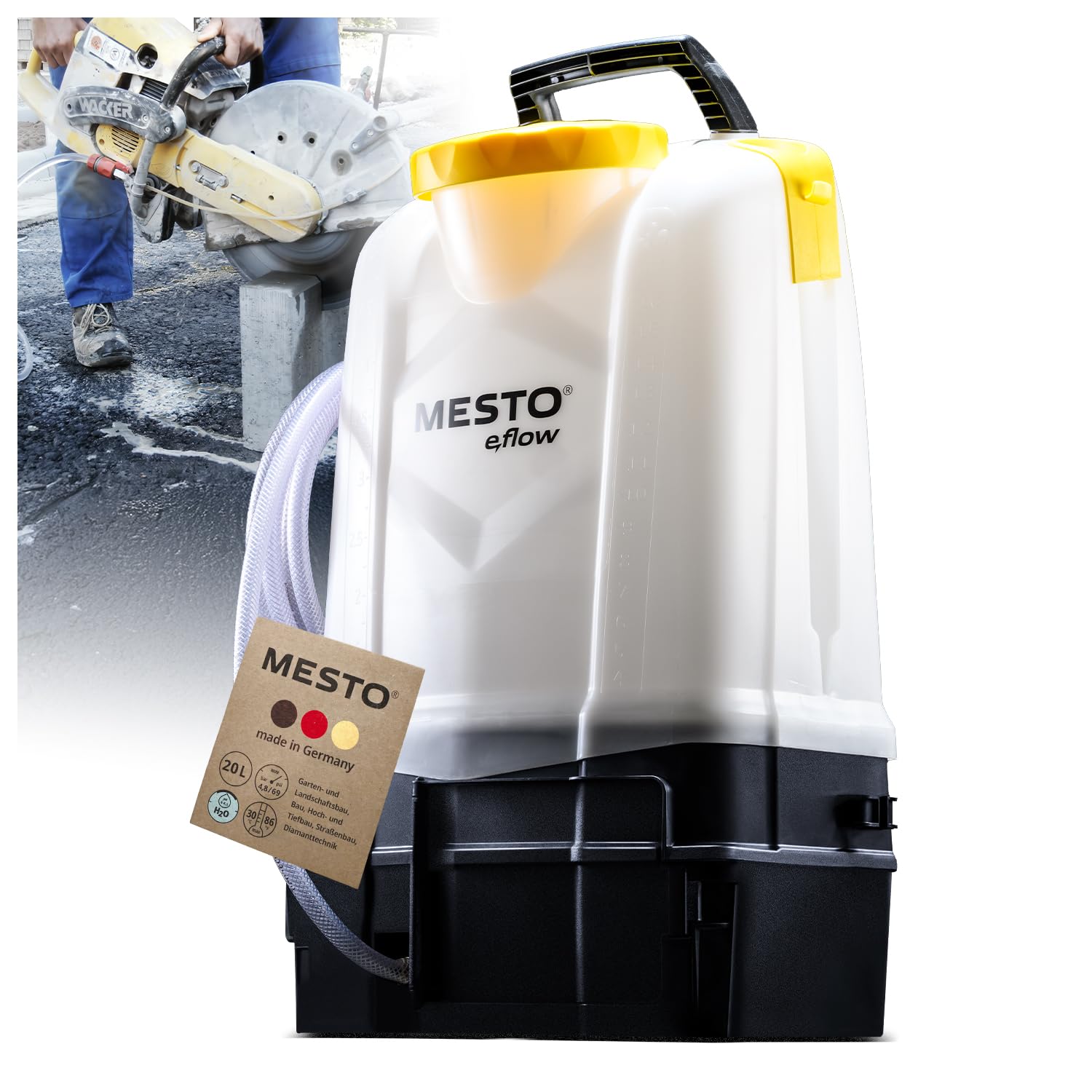MESTO e.AQUA 20 L Akku-Wasserbehälter | Wassertank mit Pumpe & 4 m Schlauch | Für Bau Garten & Diamanttechnik | Ohne Akku & Ladegerät