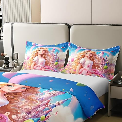 Miniatura 3 de Funda de edredón de princesa de dibujos animados para niños, 100% algodón, vestido rosa, castillo, acuarela, arco iris, juego de ropa de cama para
