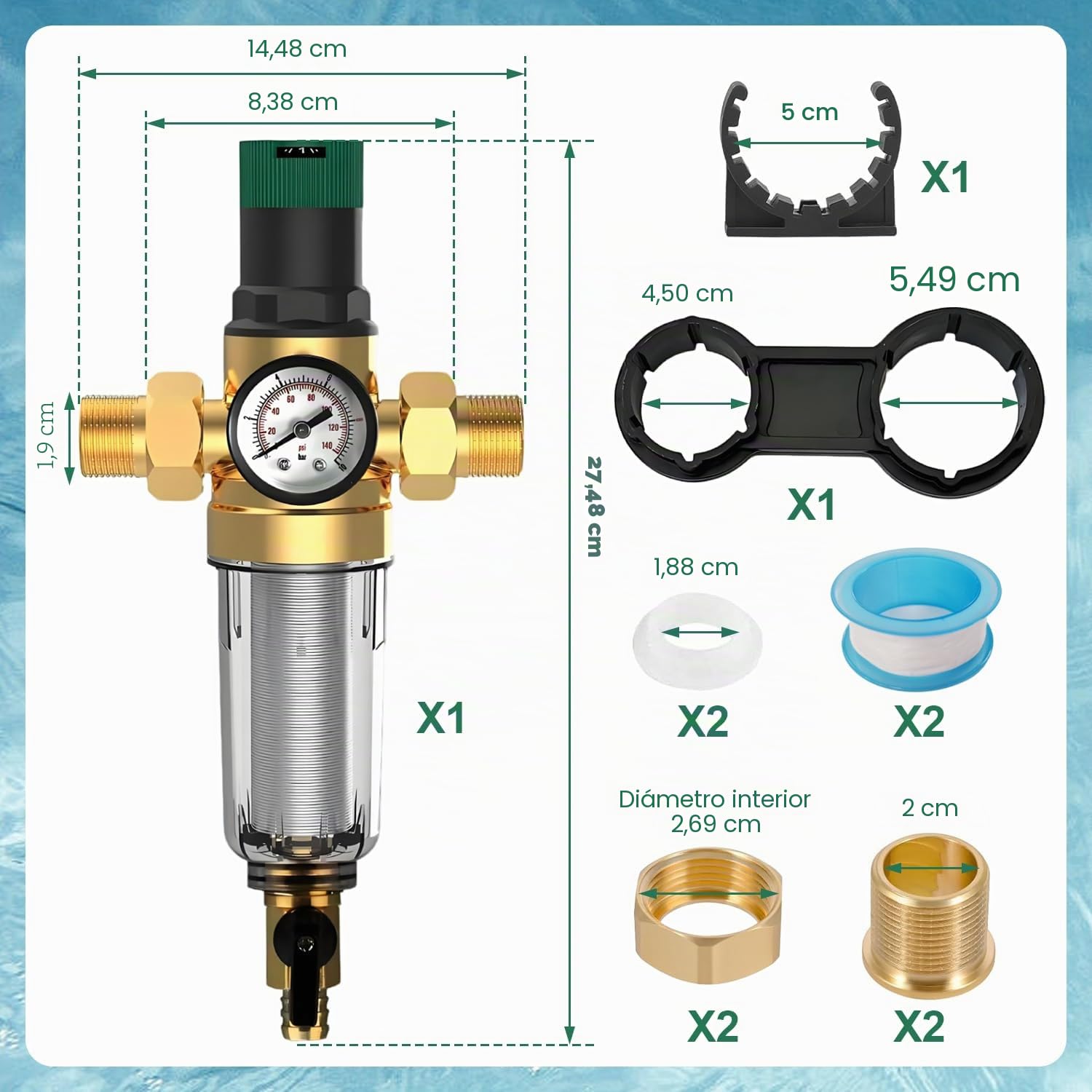 Reductor de Presion de Agua 3/4 Pulgadas con Filtro Aire Compresor Incorporado y Manometro Presion Agua Adecuado para Purificadores de Agua, Lavadoras Manometro Piscina y Grifos