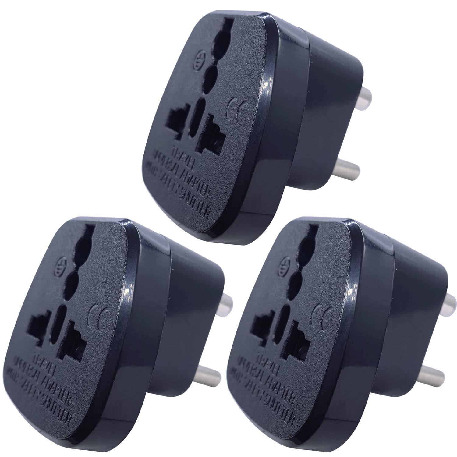 Type D Round Pins Travel Plug Adapter with Ground and Safety Shutter, UAE/EU/DE/US/JP/CN/UK Plug Suitable for India/Nepal/Pakistan Socket (Indian Plug * 3, Black)