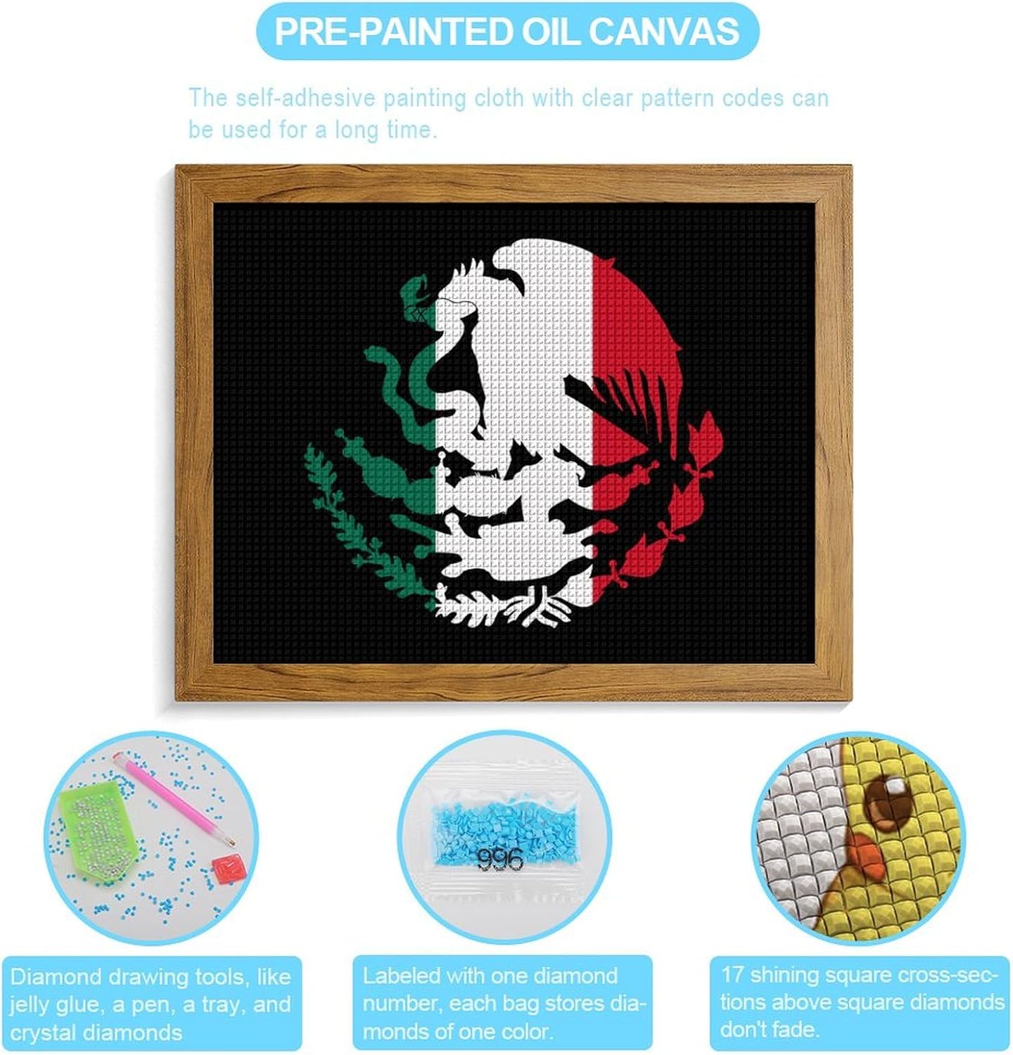 Mexico Mexican Flag Emblem Printed Diamond 5D Painting Kits DIY Full Drill Crafts for Home Wall Decor 16x20 Inch Yellow Wood 50 * 40cm